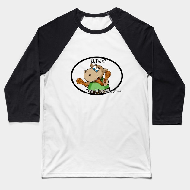 "What?  I'm Hungry."  Hippo and Chicken Drumstick Baseball T-Shirt by FrenArt